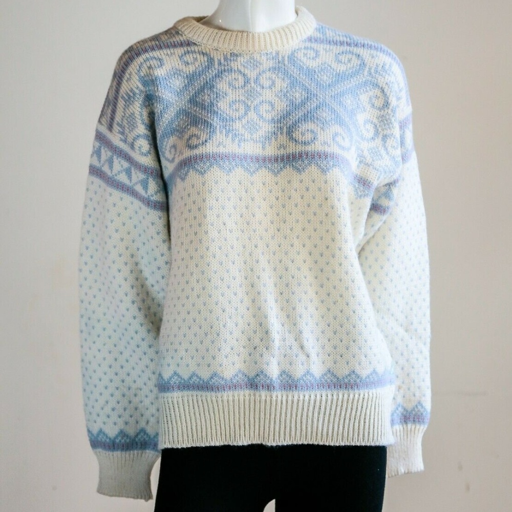 Cream and Light Blue Patterned Crewneck Sweater - Women